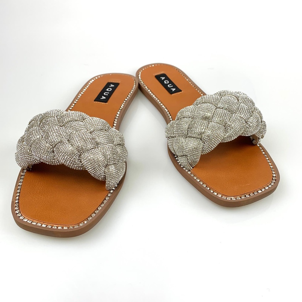 NIB Aqua Women Ivy Studded Dressy Warm Slide Sandals Size 9.5 Silver Bling Bling - Picture 5 of 12